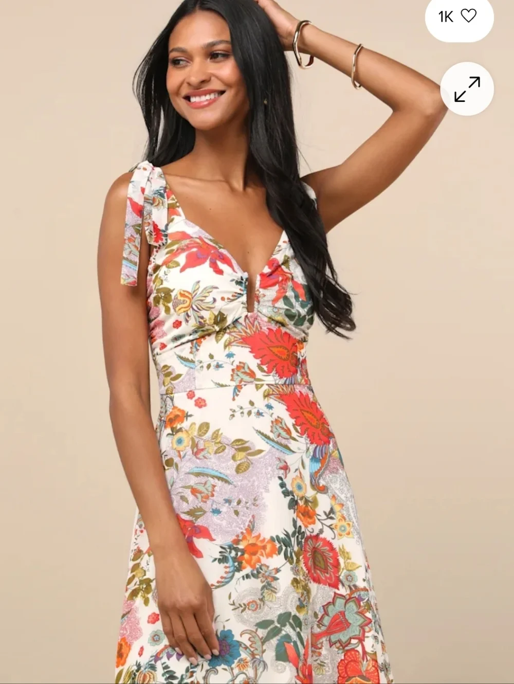 Lulus Blissful Ivory Floral Tie Strap A-line Midi Dress Size S - Picture 2 of 4